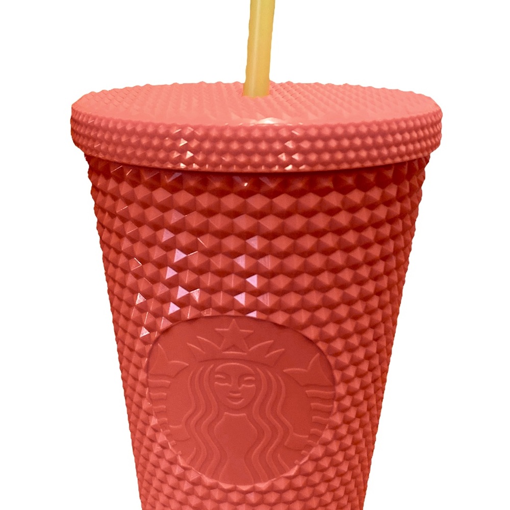Hot pink Starbucks grande diamond studded textured cup with yellow/green straw